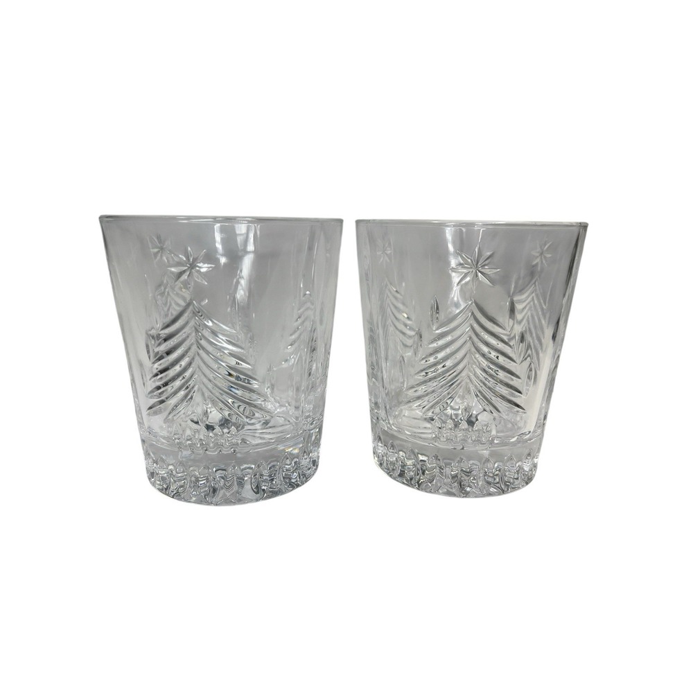 2 Mikasa Crystal Whiskey Old Fashioned Christmas Trees Glasses Holiday Clear